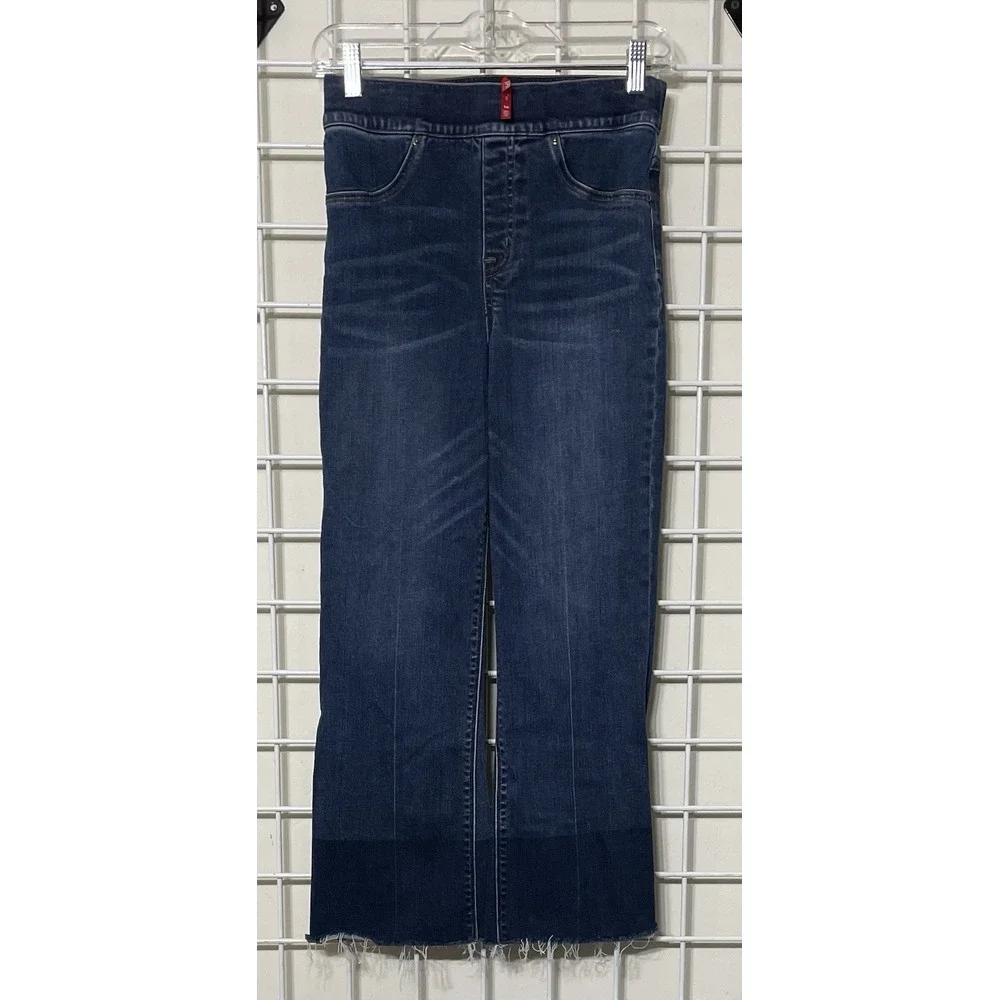 Spanx Cropped Flare Fringe Pull‎ On Denim Jeans Size Small Medium Wash
